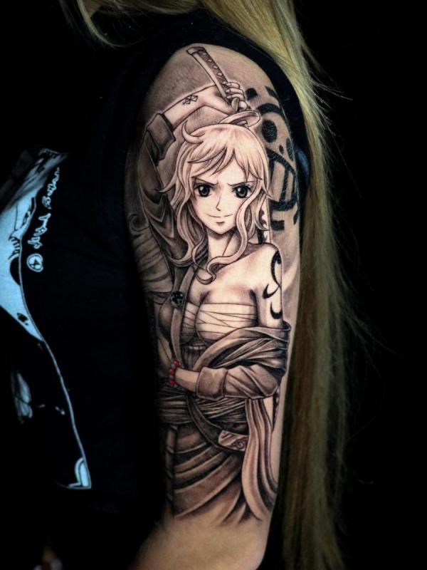 nami one piece tattoo black and grey