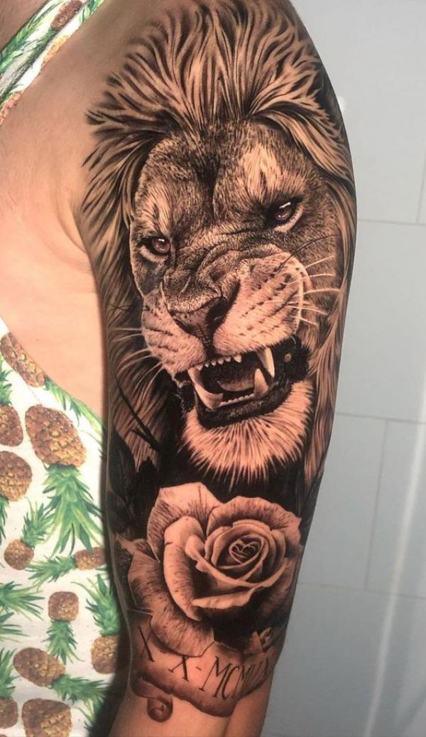 Forearm Lion king and rose tattoo