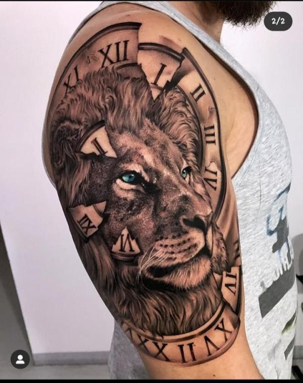 Lion king and broken clock tattoo half sleeve