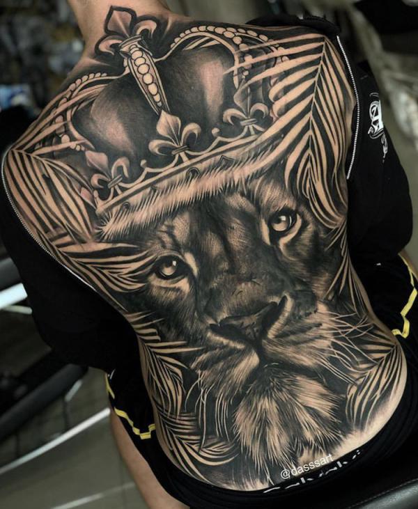 Lion king with crown tattoo full back